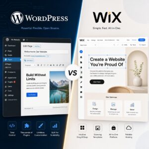 A clean split screen comparison image of WordPress vs Wix, showing two modern website builder interfaces facing off, one on the left and one on the right, with
